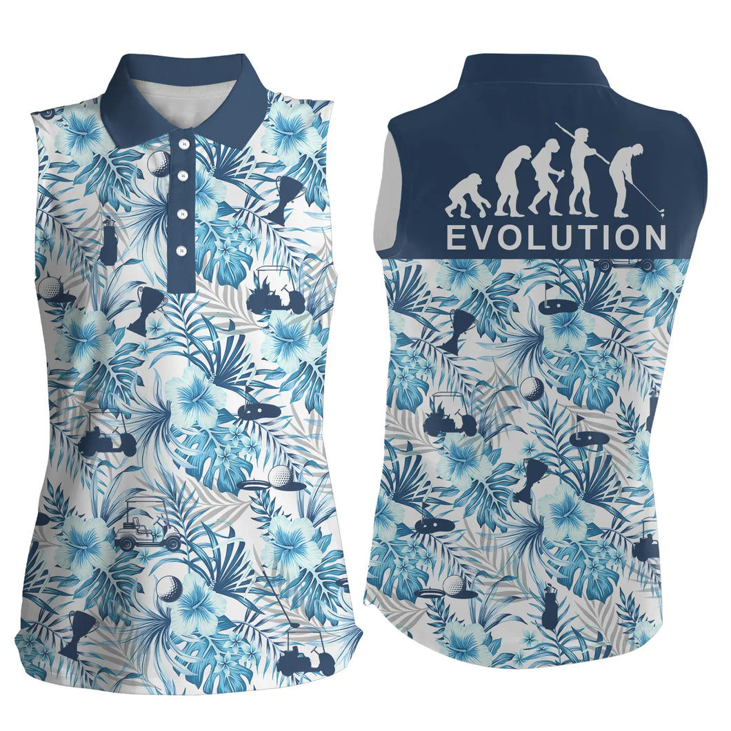 Womens Sleeveless polo shirt blue tropical plant pattern golf shirts evolution golf gifts for women NQS4797