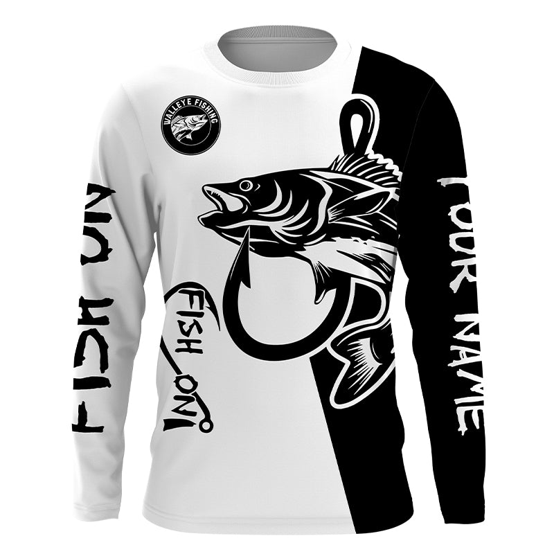 Walleye fishing tattoo fish on black white UV protection Customize name long sleeves fishing shirts NQS4216