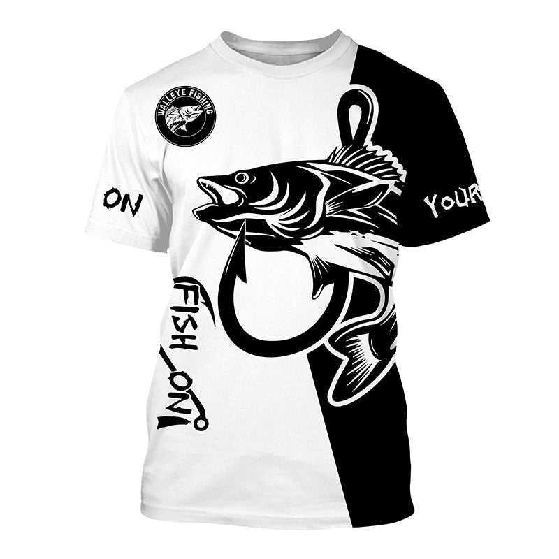 Walleye fishing tattoo fish on black white UV protection Customize name long sleeves fishing shirts NQS4216