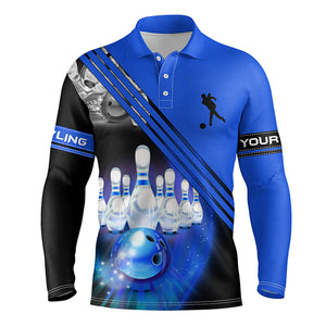 Custom bowling shirts for men bowling ball and pins team shirt, custom bowling jerseys | Blue NQS4452
