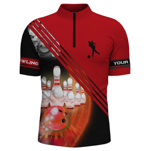 Bowling Quarter Zip shirts for men custom bowling ball and pins team shirt, bowling jerseys | Red NQS4452