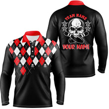 Load image into Gallery viewer, Black red argyle pattern bowling skull custom bowling polo shirts for men, bowling jerseys NQS6916