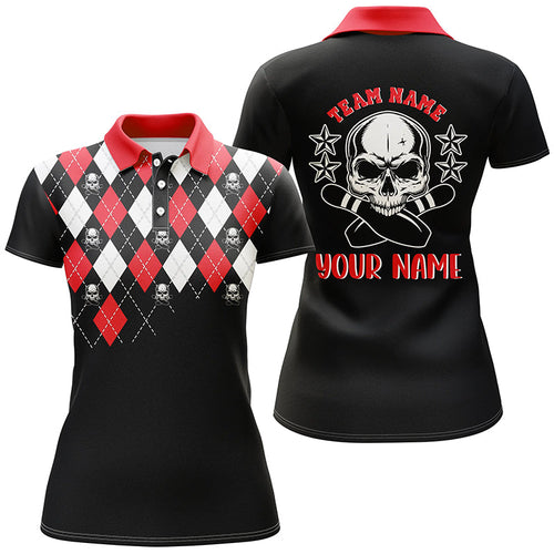 Black red argyle pattern bowling skull custom bowling polo shirts for women, bowling jerseys NQS6916