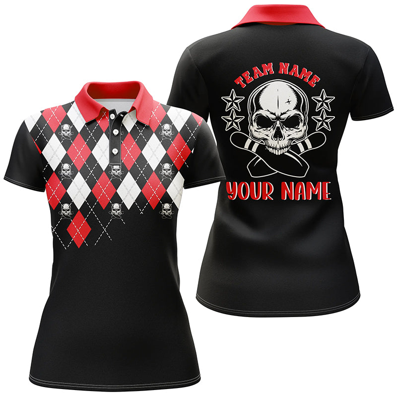 Black red argyle pattern bowling skull custom bowling polo shirts for women, bowling jerseys NQS6916