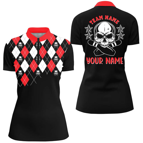 Black red argyle pattern bowling skull custom bowling Quarter Zip shirts for women, bowling jerseys NQS6916