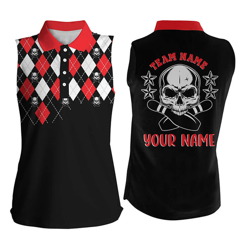 Black red argyle pattern bowling skull custom bowling Sleeveless polo shirts for women, bowling jersey NQS6916