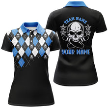 Load image into Gallery viewer, Black and blue argyle pattern bowling skull custom bowling polo shirts for women, bowling jerseys NQS6917