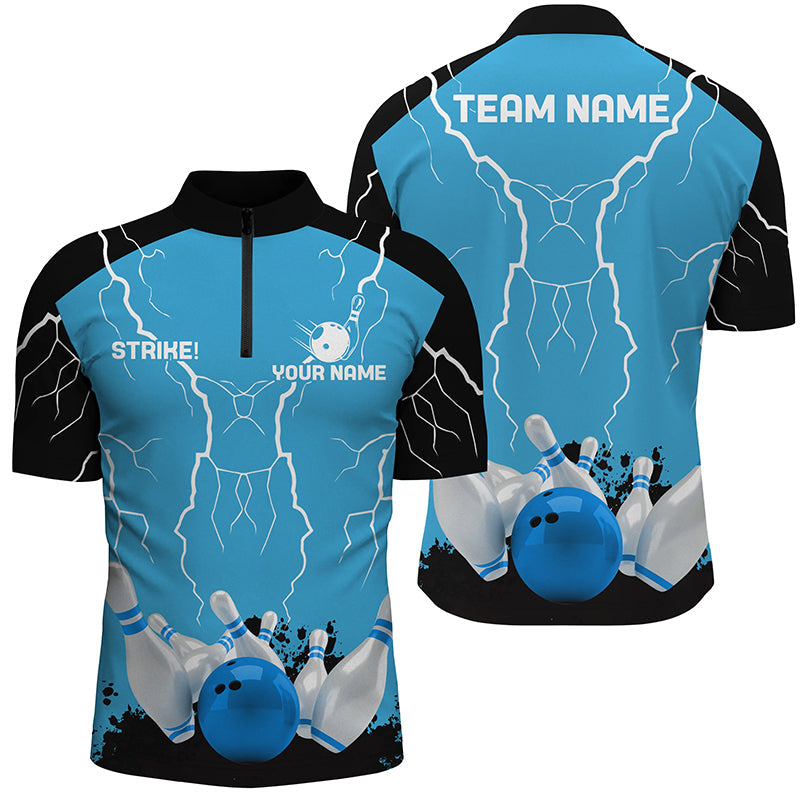 Men's bowling Quarter Zip shirts Custom bowling strike lightning storm team league jerseys | Blue NQS7084