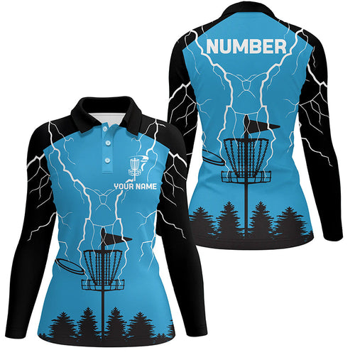 Womens disc golf polo shirt blue lightning storm custom name disc golf shirt, disc golf gifts NQS7085