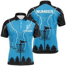 Load image into Gallery viewer, Mens disc golf polo shirt blue lightning storm custom disc golf shirt, disc golf gifts NQS7085