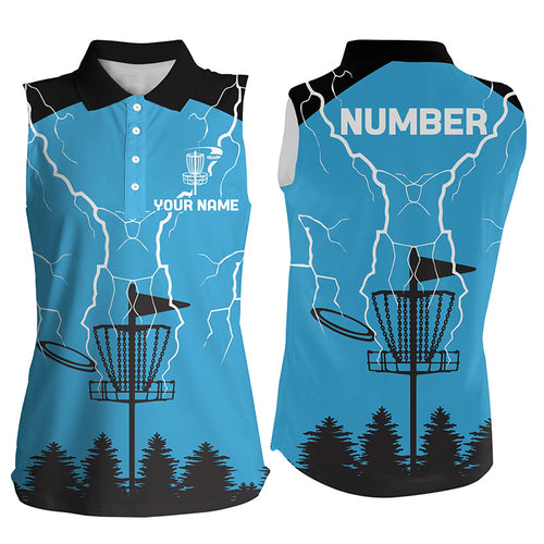 Womens disc golf sleeveless polo shirt blue lightning storm custom frisbee golf shirt, disc golf gifts NQS7085