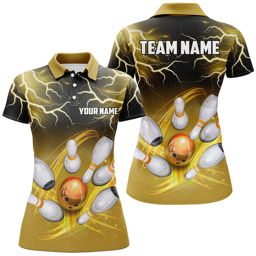 Women bowling polo shirt Custom black yellow bowling lightning thunder team bowling league jerseys NQS7086