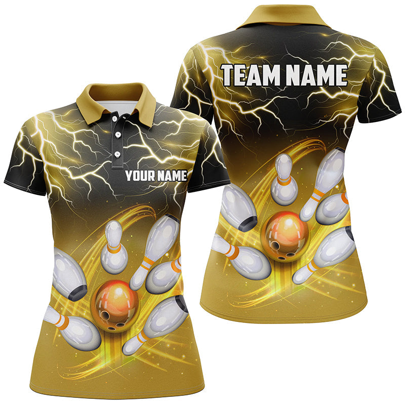 Women bowling polo shirt Custom black yellow bowling lightning thunder team bowling league jerseys NQS7086