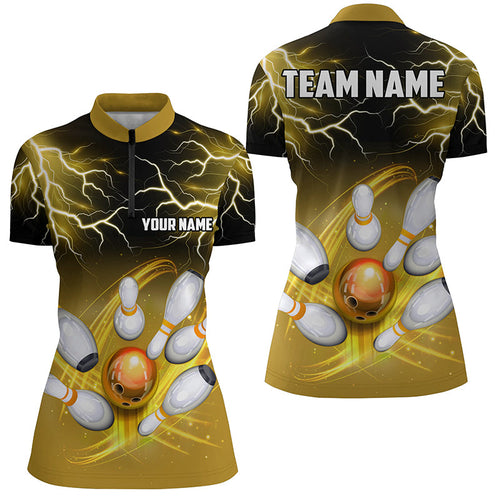 Womens bowling Quarter Zip shirt Custom black yellow bowling lightning thunder team league jerseys NQS7086