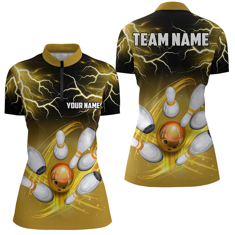 Womens bowling Quarter Zip shirt Custom black yellow bowling lightning thunder team league jerseys NQS7086