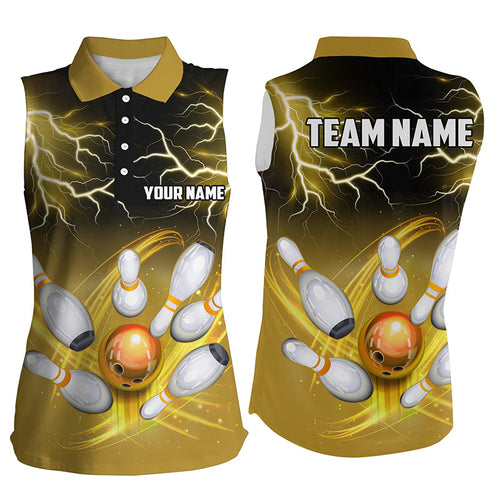 Women sleeveless polo shirts Custom black yellow bowling lightning thunder team bowling league jerseys NQS7086