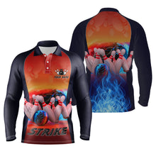 Load image into Gallery viewer, Bowling polo shirts for men custom name blue fire Bowling strike Ball and Pins bowling jerseys NQS4813
