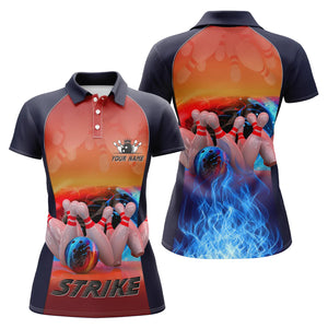 Women's bowling polo shirt custom name blue fire Bowling strike Ball and Pins bowling jerseys NQS4813