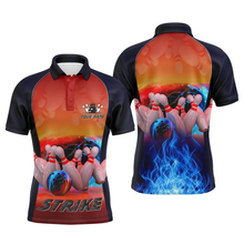 Load image into Gallery viewer, Bowling polo shirts for men custom name blue fire Bowling strike Ball and Pins bowling jerseys NQS4813