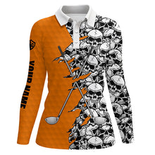 Load image into Gallery viewer, Womens golf polo shirts custom orange Halloween skull golf club, skull pattern golf performance shirts NQS6244