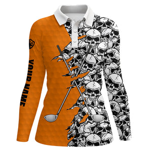 Womens golf polo shirts custom orange Halloween skull golf club, skull pattern golf performance shirts NQS6244