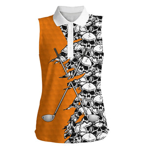 Women sleeveless polo shirt orange Halloween skull golf clubs, skull pattern golf performance shirts NQS6244