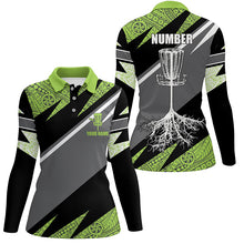 Load image into Gallery viewer, Green tribal black Womens disc golf polo shirt custom name, number disc golf jersey, disco golf outfit NQS6249