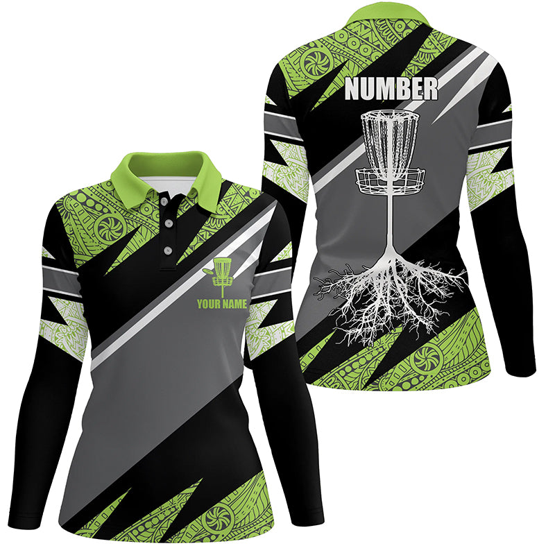 Green tribal black Womens disc golf polo shirt custom name, number disc golf jersey, disco golf outfit NQS6249