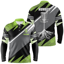 Load image into Gallery viewer, Green tribal black Mens disc golf polo shirt custom name, number disc golf jersey, disco golf outfit NQS6249