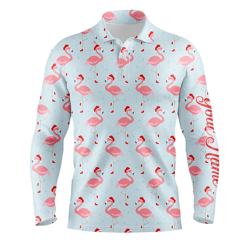 Funny Mens golf polo shirt custom Christmas pattern with tropical winter flamingos in xmas Santa hat NQS6719