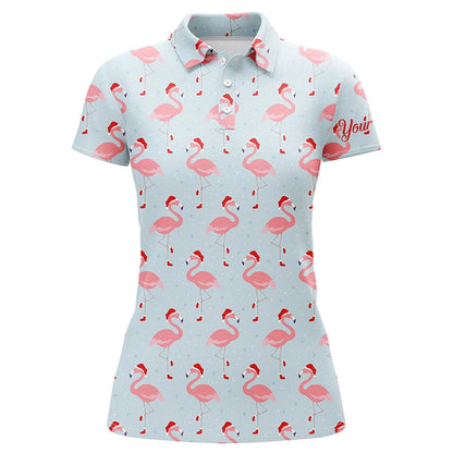 Funny Womens golf polo shirt custom Christmas pattern with tropical winter flamingos in xmas Santa hat NQS6719
