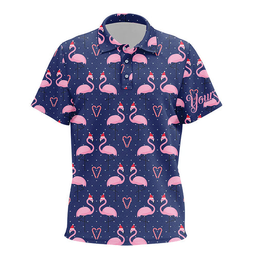 Kid golf polo shirts custom Flamingo Christmas hat with candy cane heart blue background, Xmas golf NQS6721