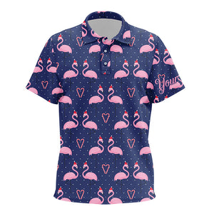 Kid golf polo shirts custom Flamingo Christmas hat with candy cane heart blue background, Xmas golf NQS6721