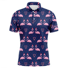 Load image into Gallery viewer, Mens golf polo shirt custom Flamingo in xmas hat with candy cane heart blue background, Xmas golf gift NQS6721