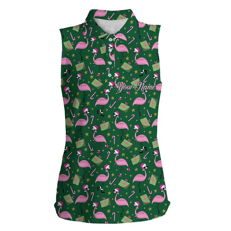 Womens sleeveless golf polos custom green Flamingo Christmas pattern golf shirt, gift for golf lovers NQS6722