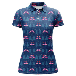 Womens golf polo shirt custom blue Christmas pattern with flamingos in hats, gift for golf lovers NQS6724