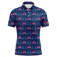 Load image into Gallery viewer, Mens golf polo shirt custom blue Christmas pattern with flamingos in hats, gift for golf lovers NQS6724