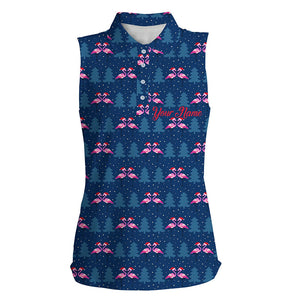 Womens sleeveless golf polos custom blue Christmas pattern with flamingos in hats, gift for golf lover NQS6724