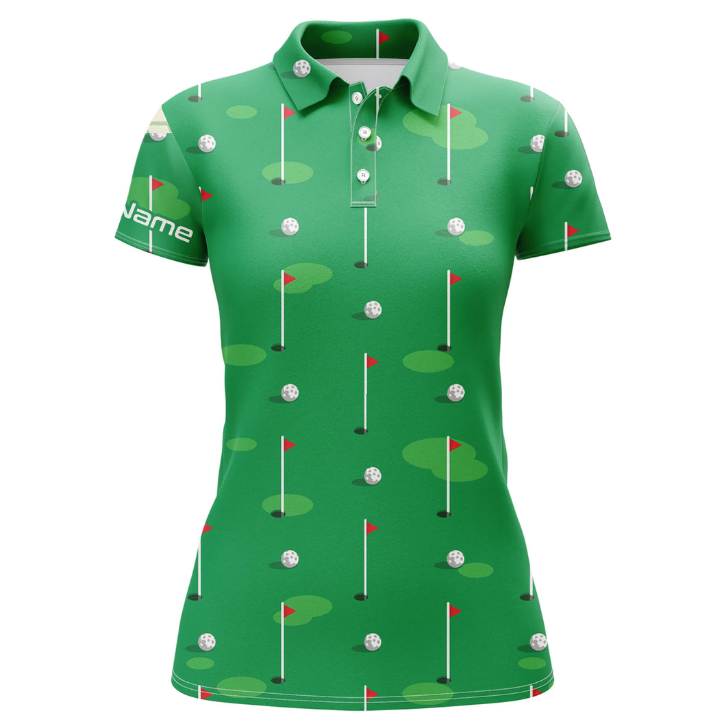 Womens golf polo shirts custom golf flag and balls green Golf Course pattern golf shirt for women NQS5080