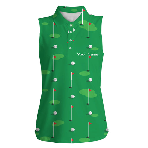 Womens sleeveless polo shirt custom golf flag and balls green Golf Course pattern golf shirt for women NQS5080