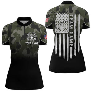 Black green camo Womens bowling Quarter Zip shirt Custom American flag patriotic bowling team jerseys NQS6263