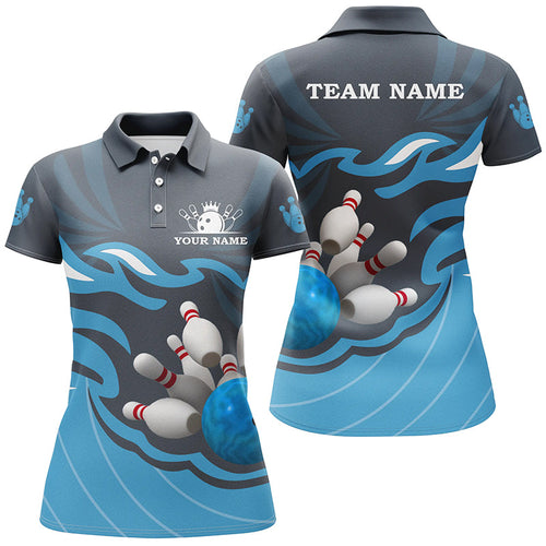 Women bowling polo shirt Custom bowling ball pins team league jersey, personalized bowling gift | Blue NQS6266