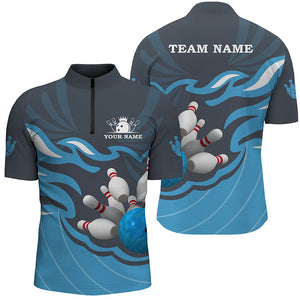 Men's bowling Quarter Zip shirts Custom bowling ball pins team league jersey, bowling gift | Blue NQS6266