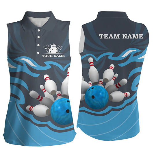 Women sleeveless polo shirts Custom bowling ball pins team league jersey, personalized gifts | Blue NQS6266