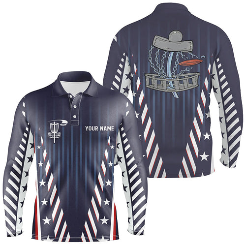 Mens disc golf polo shirts custom red white and blue stars disc golf basket team disco golf outfit NQS6267