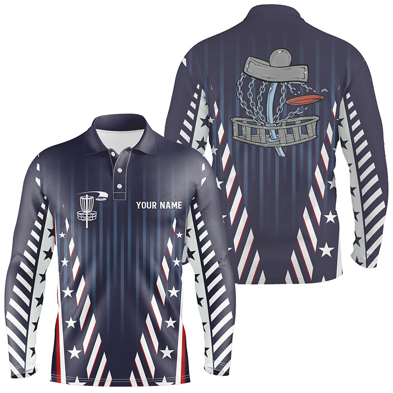 Mens disc golf polo shirts custom red white and blue stars disc golf basket team disco golf outfit NQS6267
