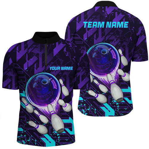 Men bowling Quarter Zip shirts Custom purple blue abstract Bowling Team league Jerseys, bowling gifts NQS7096