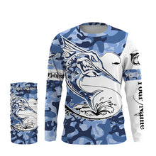 Load image into Gallery viewer, Angry Marlin saltwater fishing blue ocean sea camo custom sun protection long sleeve fishing shirts NQS3851