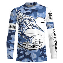 Load image into Gallery viewer, Angry Marlin saltwater fishing blue ocean sea camo custom sun protection long sleeve fishing shirts NQS3851
