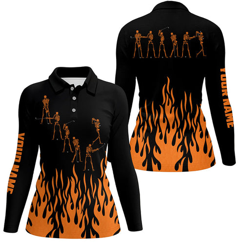 Orange flame golf skeleton custom black Women golf polo shirt, Halloween golf attire for women NQS6273